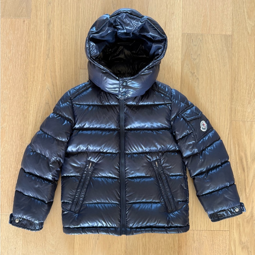 Moncler New Maya Down Jacket in classic navy blue, boys size 8.